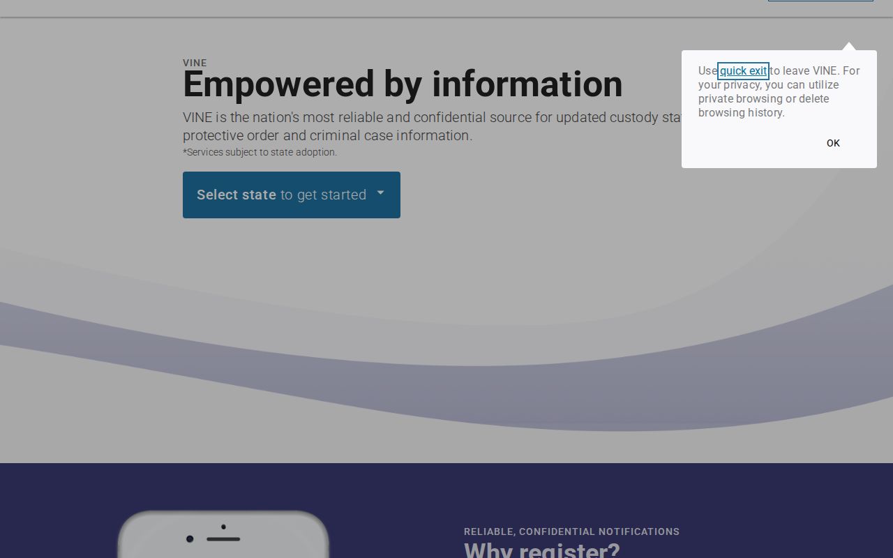VINE state selection and alert registration screen for Illinois custody notifications