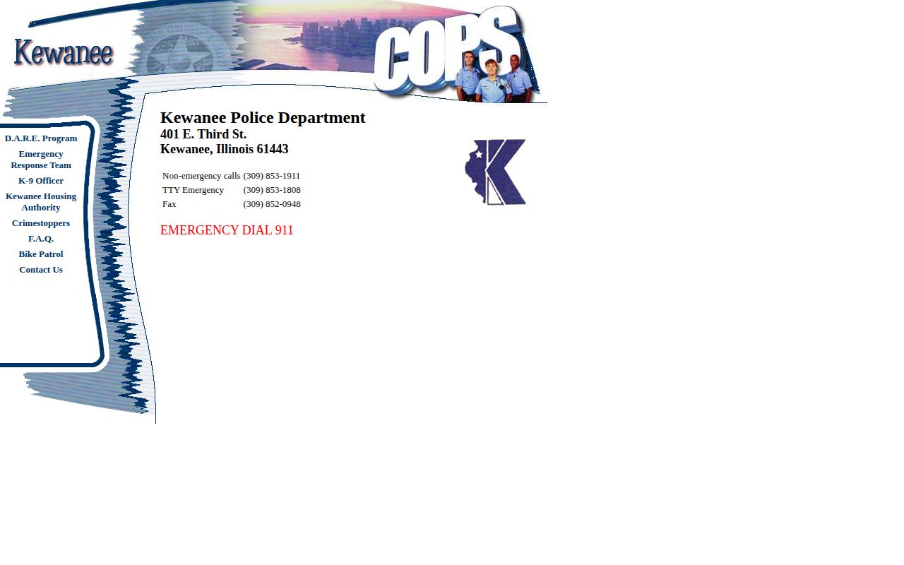 Official Kewanee Police Department web page with agency contact information